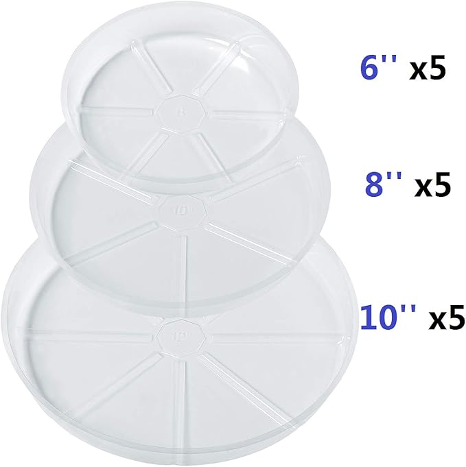 Idyllize 15 Pack, Assorted Sizes 6 8 10 Inch Clear Plastic Plant Saucer Drip Trays for pots, 5 Pieces of Each Size (Assorted Sizes 6'', 8'', 10'')