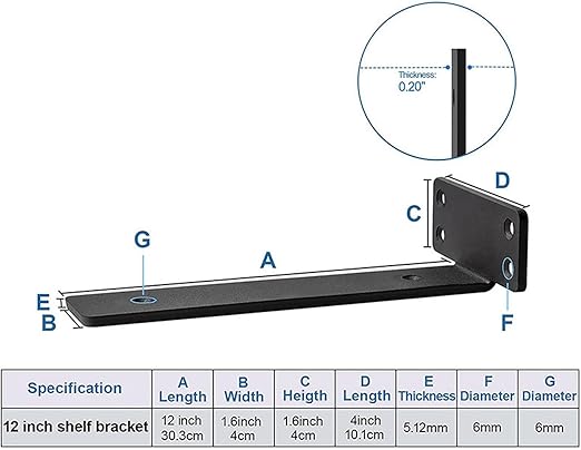 6Pcs Floating Shelf Bracket, 12 Inch 90° Bending Wall Shelf Bracket for Kitchen Study, High Load Bearing Capacity 1/5 Inch Thick Heavy Duty Industrial Shelf Bracket