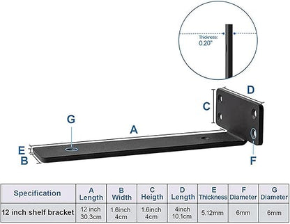 6Pcs Floating Shelf Bracket, 12 Inch 90° Bending Wall Shelf Bracket for Kitchen Study, High Load Bearing Capacity 1/5 Inch Thick Heavy Duty Industrial Shelf Bracket