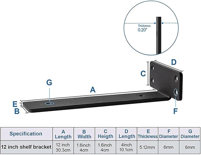 6Pcs Floating Shelf Bracket, 12 Inch 90¡ Bending Wall Shelf Bracket for Kitchen Study, High Load Bearing Capacity 1/5 Inch Thick Heavy Duty Industrial Shelf Bracket