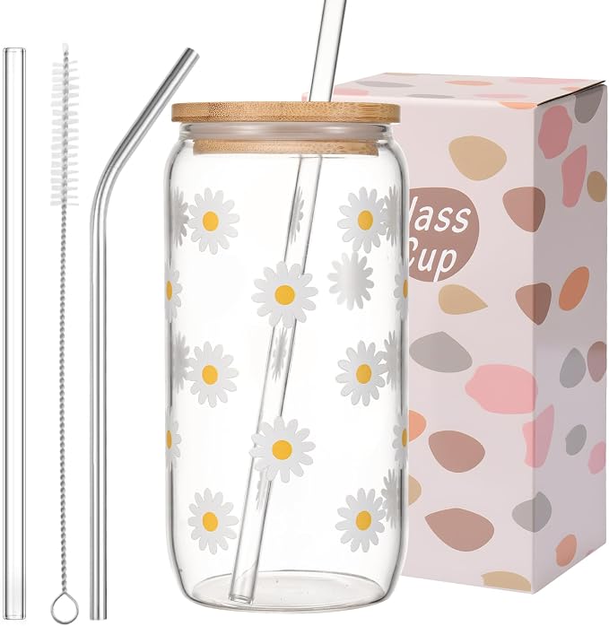 ANABIUP Cute Glass Cups with Lid, Daisy Flower Iced Coffee Smoothie Matcha Cup Tumbler Birthday Gifts for Women Sister Friend Her Preppy Teenage Girls Teen Girl Gifts Trendy Stuff Things