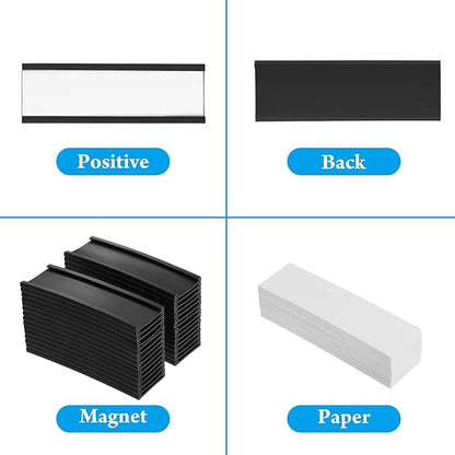 100 Pieces Magnetic Label Holders Labels Racks with Magnets Magnetic Data Card Holders with Protective Films and Replacement Strips for Shelf Bin (1 x 3 Inch)