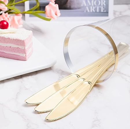 N9R 72 Pack Gold plastic Knives, Solid, Durable and Heavy Duty Plastic Knives, Perfect Utensils for Parties, Weddings and other Formal Events