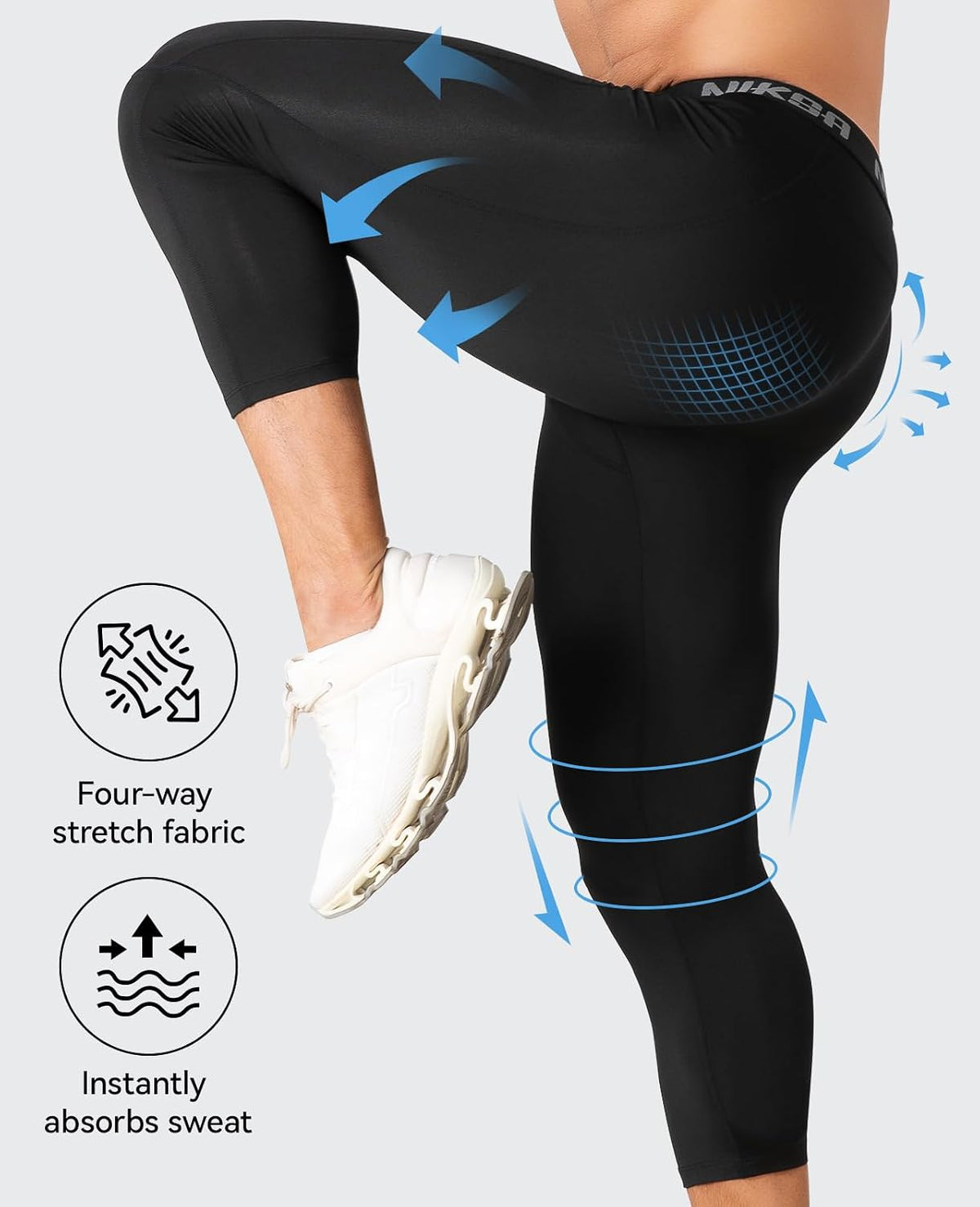 Large, Niksa 3/4 Men's Compression Pants - Athletic Running Capri Tights Quick Dry Basketball Sports Leggings Gym Workout Base Layer.