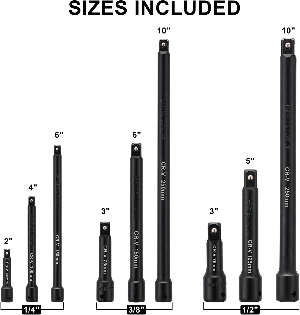 Mayouko 1/4",3/8",1/2" Drive Extension Bar Set, CR-V, 9 Pieces Socket Extension Bars for Narrow and Deep Areas