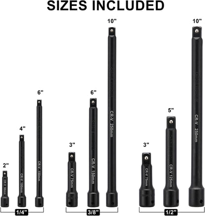 Mayouko 1/4",3/8",1/2" Drive Extension Bar Set, CR-V, 9 Pieces Socket Extension Bars for Narrow and Deep Areas