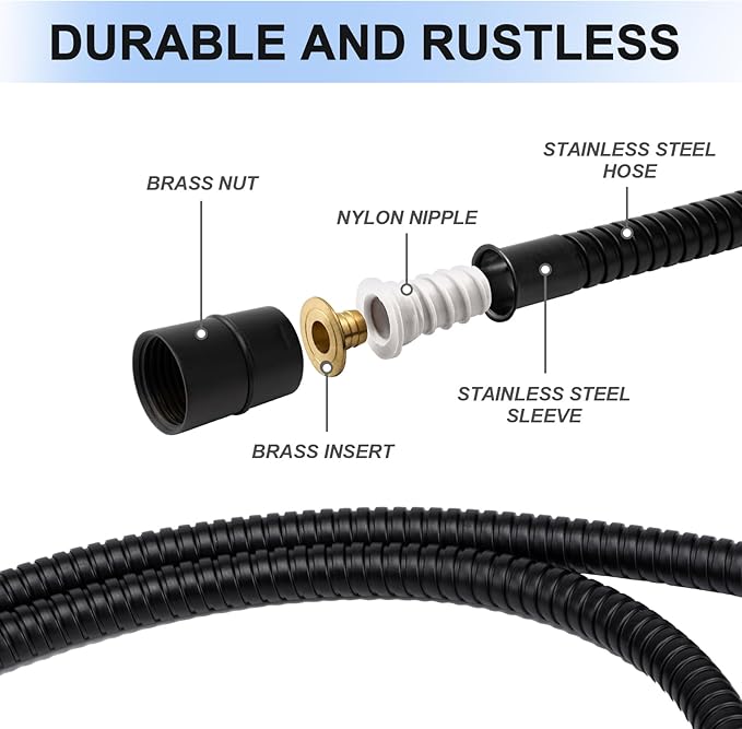 Shower Hose, 79 Inches Extra Long Stainless Steel Handheld Shower Head Hose with Brass Insert and Nut, Flexible, Matte Black