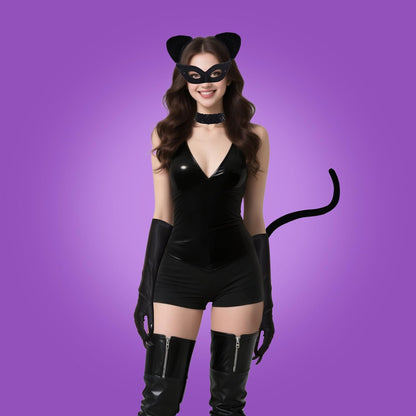 Heliltd 5pcs Cat Costume Accessories with Ears Headband Mask Gloves Necklace and Tail Cat Womens Costume for Women Cosplay Halloween Party Black