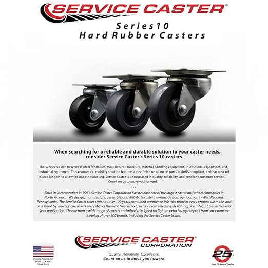 General Duty Dolly Swivel Top Plate Caster - 3 Inch by 1-14 Inch Hard Rubber Wheel - 225 lbs. Capacity Per Caster - Service Caster Brand