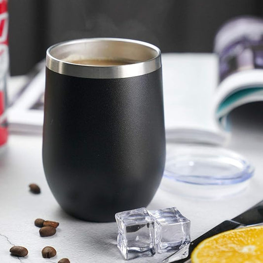 Wine Tumbler - 4 Pack 12 oz Stainless Steel Tumbler with Lid,Stemless Double Wall Vacuum Insulated Travel Cup for Wine,Coffee,Cocktails(Black)