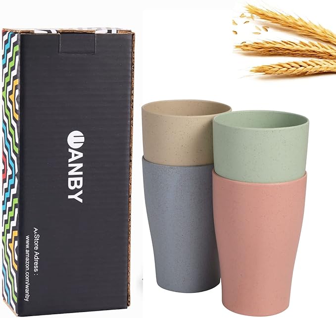 WANBY Wheat Straw Cup 4 Pcs Unbreakable and Reusable Drinking Cups Eco-Friendly Healthy Tumbler Set for Milk Juice and Water Dishwasher Safe (4 Pcs 11 Oz)
