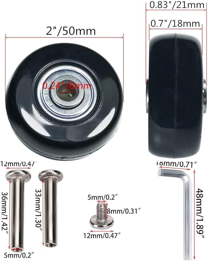 50 x 18mm Set of 4 Luggage Suitcase Replacement Wheels, Rubber Swivel Caster Wheels Bearings Repair Kits