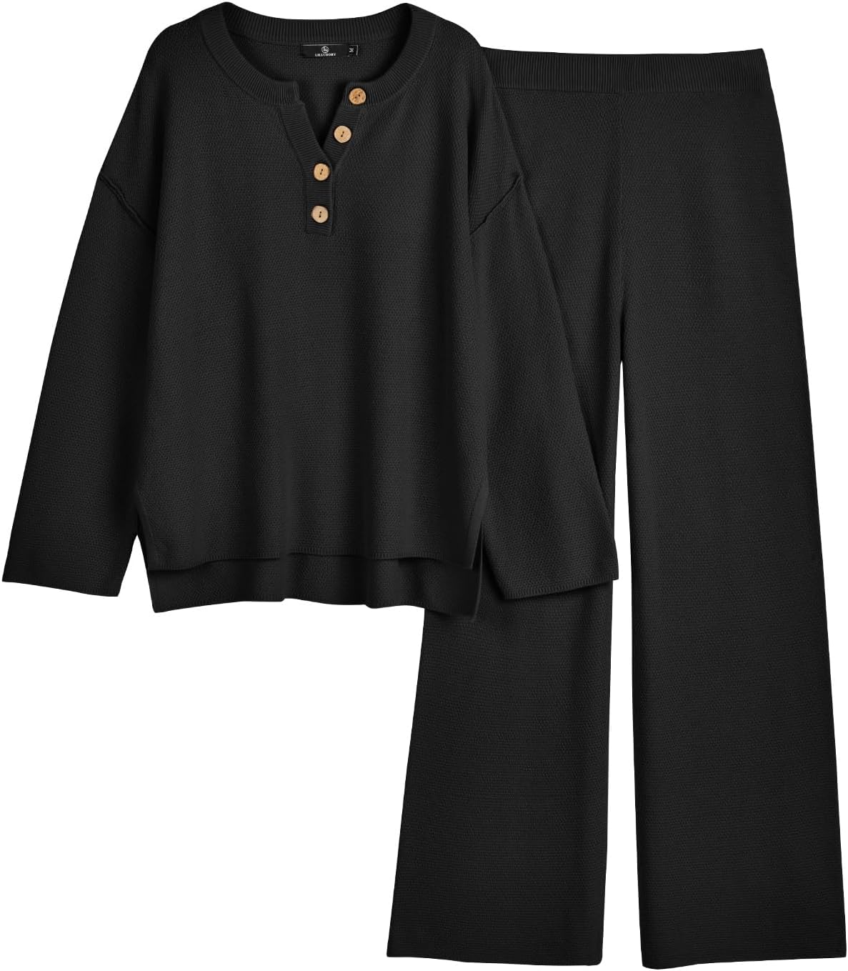 Super soft knit sweater set, oversized slouchy fit, wide-leg pants, stylish laidback look, incredibly comfortable.