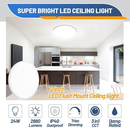 Allsmartlife LED Flush Mount Ceiling Light Fixture, 12inch 24W 2880lm CCT 3000K4000K6500K Thin Round Flat Panel Light Surface Mount for Kitchen, Bedroom, Laundry. Dimmable Ceiling Lamp