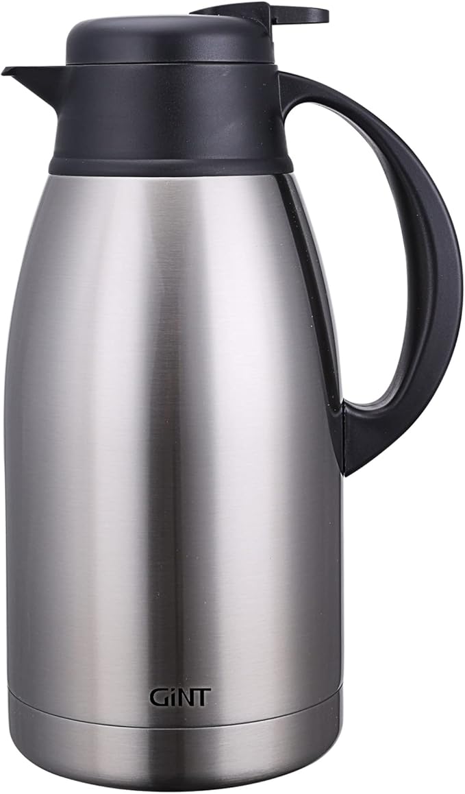 GiNT Stainless Steel Thermal Coffee Carafe, Double Walled Vacuum Water and Beverage Dispenser, 12 Hour Heat Retention, 65 OZ 1.9 Liter, Silver