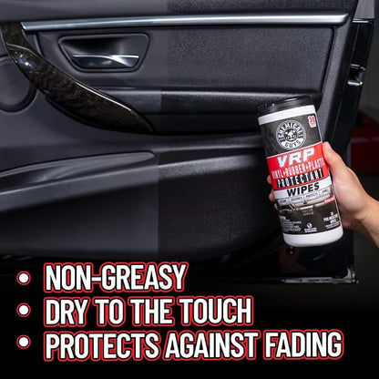 Chemical Guys, VRP Vinyl, Rubber & Plastic Shine Canister Wipes, 30 Count Pre-moistened wipes dress and protect vinyl, rubber and plastic on trim, dashboards and tires, thirty per pack