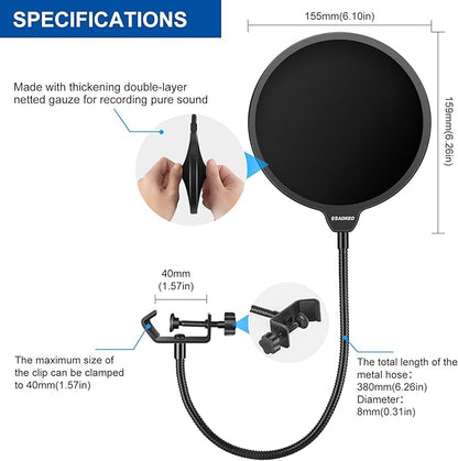 Aokeo Professional Microphone Pop Filter Mask Shield For Blue Yeti and Any Other Microphone, Mic Dual Layered Wind Pop Screen With A Flexible 360 Gooseneck Clip Stabilizing Arm
