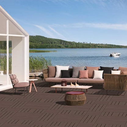 domi Outdoor Living Patio Deck Tiles, 12 x 12 inches Composite Interlocking Decking Tile, Four Slat Plastic Outdoor Flooring, 9 Pieces One Pack, Dark Brown