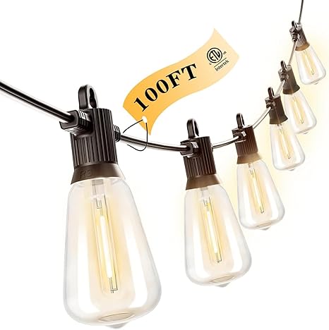 Kawaya Outdoor String Lights 100 FT LED Patio Lights: 502 Shatterproof Vintage Edison Bulbs - 2700K Dimmable IP65 Waterproof Outside Hanging Lights for Yard Porch Deck Balcony Bistro Cafe Party