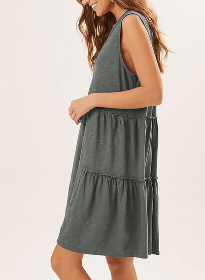 KevaMolly Women 2024 Sleeveless Dresses Casual Ruffle Tiered V Neck Mini Dress A-Line Dresses