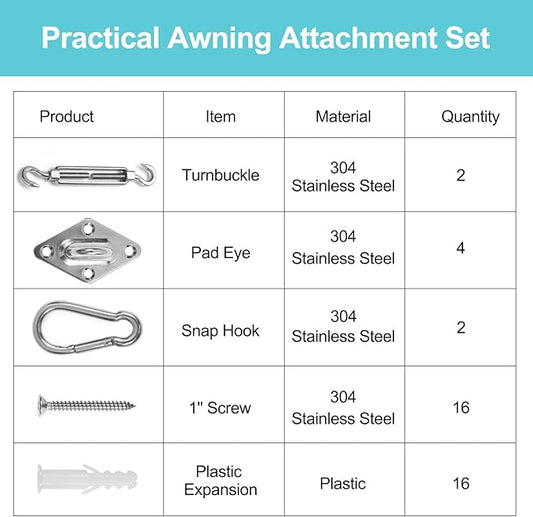 HOMPER Awning Attachment Set, Heavy Duty Sun Shade Sail Stainless Steel Hardware Kit for Garden Triangle and Square, Rectangle, Sun Shade Sail Fixing Accessories