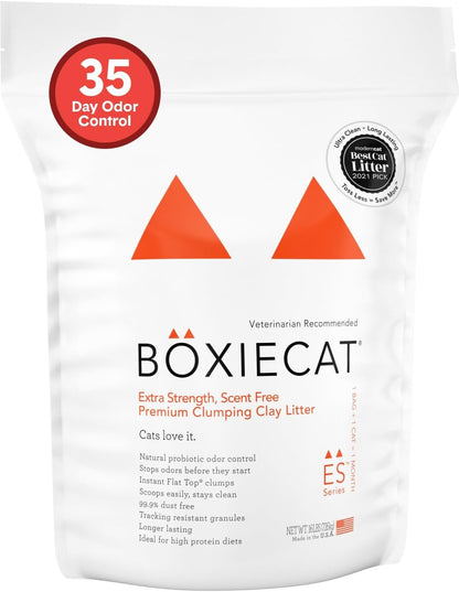 Boxie Extra Strength Clumping Cat Litter Multi Cat 35 Day Odor Control 16lb Probiotic technology works continuously at the source; Hard Flat Top clumps for fast scooping and less waste