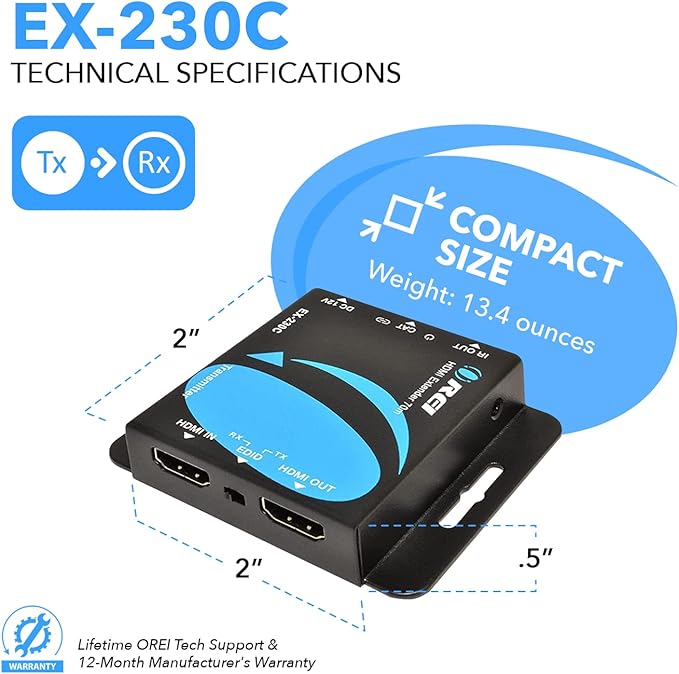 OREI 4K HDMI Over Ethernet CAT6/CAT7 Extender, Extender RJ45 4K@30Hz Upto 130 Ft 1080P Upto 230 FT Full HD POC Transmitter & Receiver IR Loop Out (EX-230C)