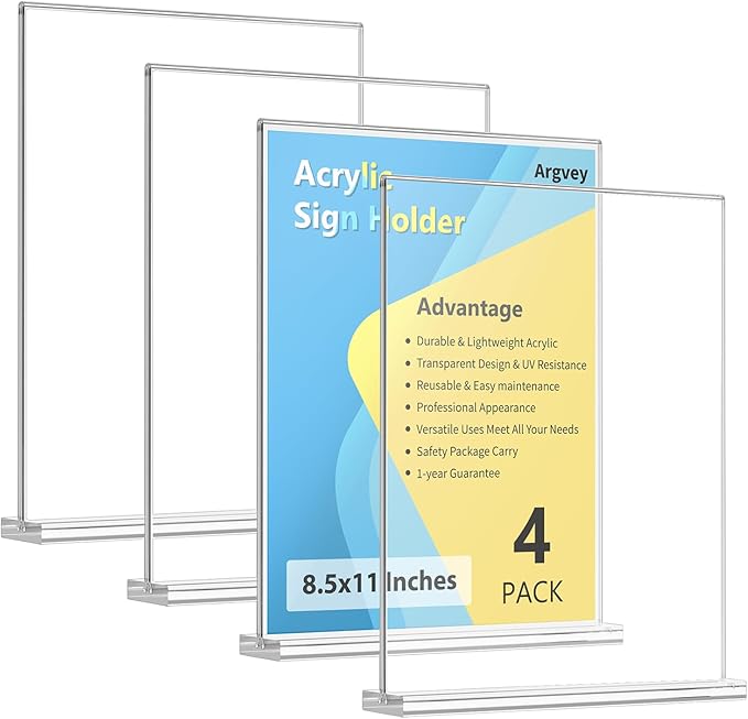 4-Pack Acrylic Sign Holder, 8.5 x 11 Inch Vertical T Shape Table Display Stand, Double-Sided Clear Plastic Sign Holders for Paper, Menu, and Flyer, Ideal for Home, Office, Restaurants, and Stores