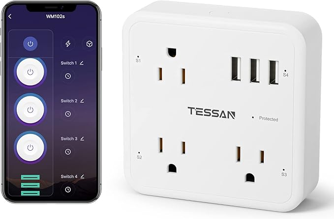 Smart Plug Outlet Extender Compatible with Alexa Google Home, TESSAN WiFi Multi Plug with 3 Smart Outlets 3 USB Ports, Wall Surge Protector Power Strip 900J for Indoor, Voice and Smartlife Control