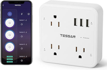 Smart Plug Outlet Extender Compatible with Alexa Google Home, TESSAN WiFi Multi Plug with 3 Smart Outlets 3 USB Ports, Wall Surge Protector Power Strip 900J for Indoor, Voice and Smartlife Control