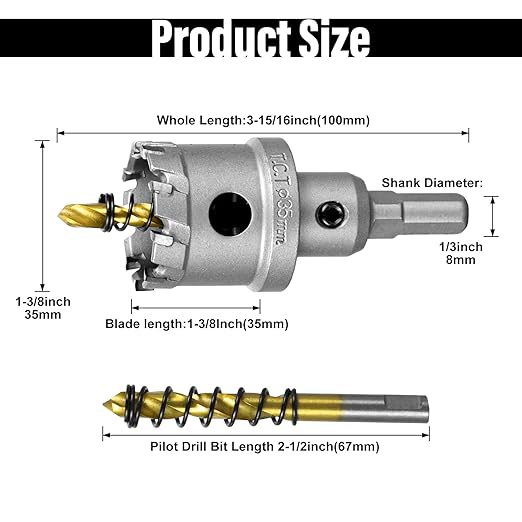 SALI 1-38" (35mm) TCT Hole Saw Kit Tungsten Carbide Tipped Hole Saw Drill Bit with Titanium-Plated Pilot Drill bit for Metal, Stainless Steel, Iron, Plastic