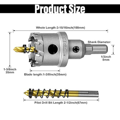SALI 1-38" (35mm) TCT Hole Saw Kit Tungsten Carbide Tipped Hole Saw Drill Bit with Titanium-Plated Pilot Drill bit for Metal, Stainless Steel, Iron, Plastic