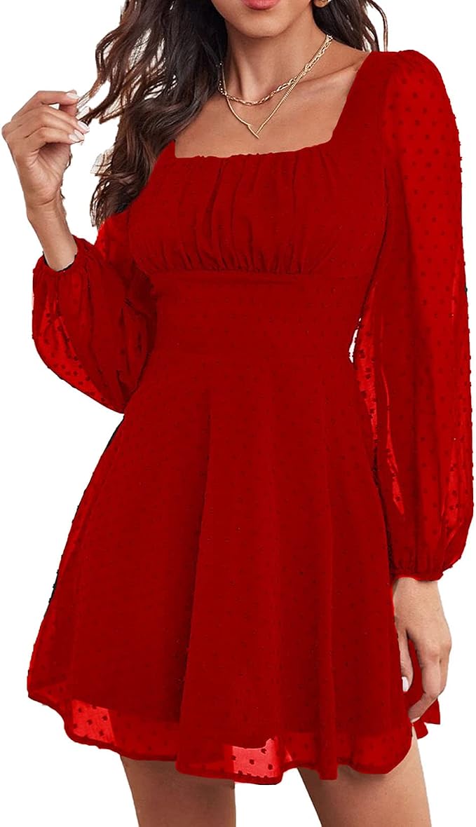 WDIRARA XS Women's Polka Dots Mesh Square Neck Solid Color Long Sleeve Chiffon Dress Fashion Casual Smocked A Line Mini Dress