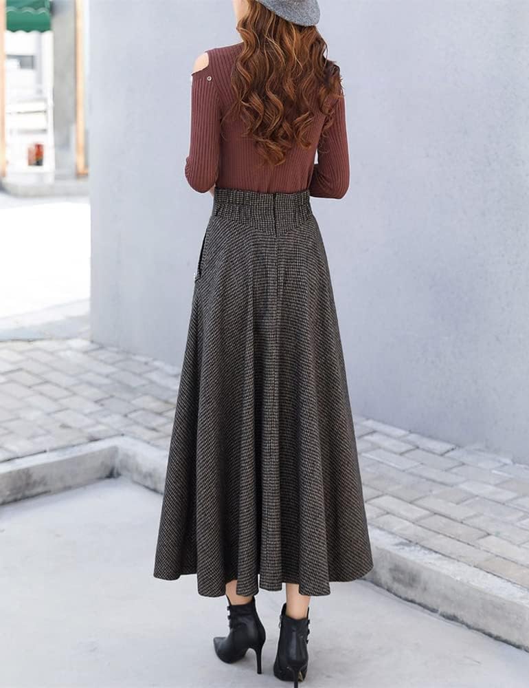 Kinghua Womens Wool Plaid Skirt Fall Winter High Waisted Bodycon Pencil Skirt.