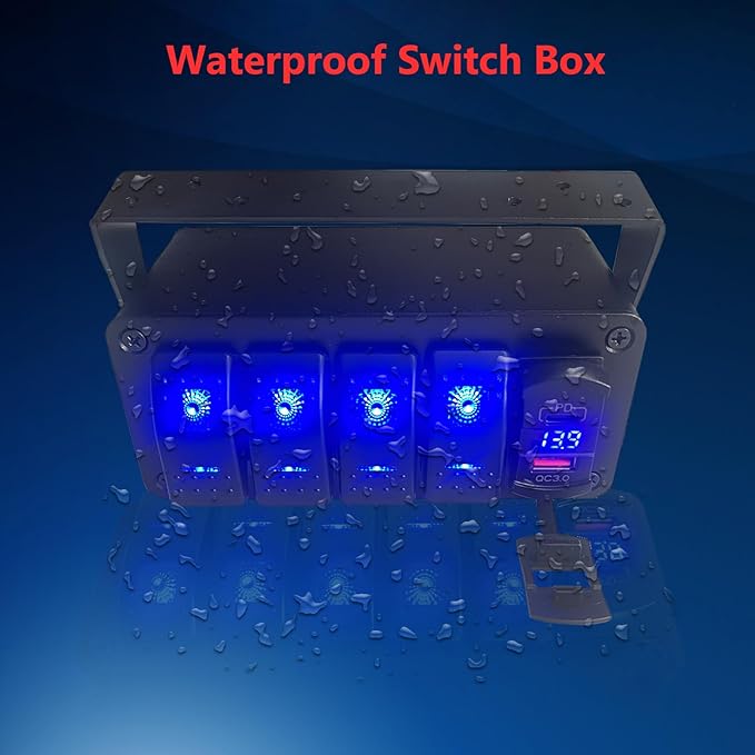 4 Gang Marine Boat Rocker Switch Box 12V SPST Aluminum Rocker Switch Panel PD Type C and QC 3.0 USB Charger Voltmeter Waterproof Switch with Panel DIY Stickers for RVs Boats Trucks