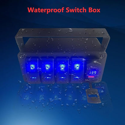 4 Gang Marine Boat Rocker Switch Box 12V SPST Aluminum Rocker Switch Panel PD Type C and QC 3.0 USB Charger Voltmeter Waterproof Switch with Panel DIY Stickers for RVs Boats Trucks