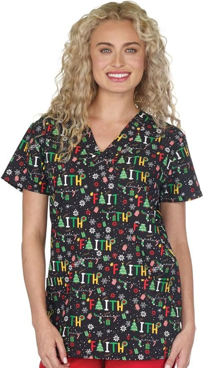 Women's Christmas Holiday V-Neck Scrub Top