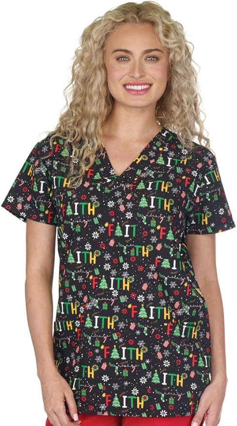 Women's Christmas Holiday V-Neck Scrub Top