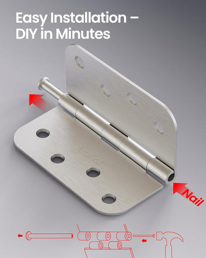 4" X 4" Nickel Door Hinges – 6 Pack Brushed Nickel Door Hinges with 5/8" Radius, Rounded Interior Heavy Duty 4 Inch Exterior & Front Door Hinge for Residential Use (Minor cosmetic scratches. Screws not included)