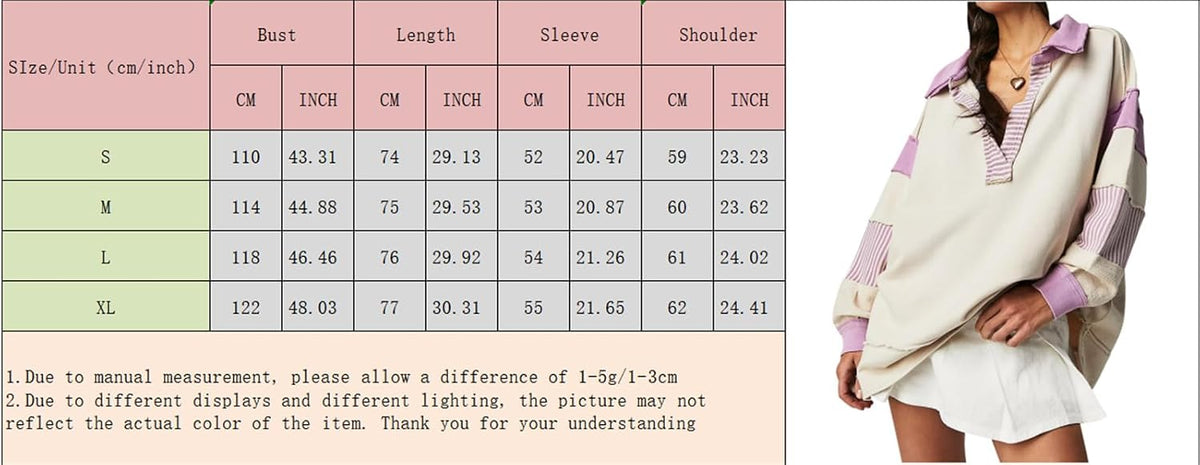 Womens Oversized Patchwork Striped Sweatshirts V Neck Loose Colorblock Long Sleeve Pullover Casual Polo Shirts
