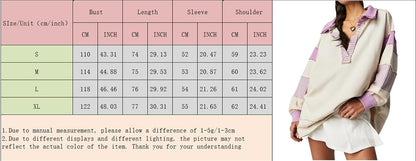 Womens Oversized Patchwork Striped Sweatshirts V Neck Loose Colorblock Long Sleeve Pullover Casual Polo Shirts