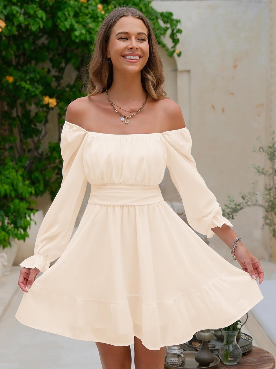 Yellow, Size Small EXLURA Women's 2026 Casual Long Lantern Sleeve Dresses Square Neck Ruffle Tie Back Elastic Waist Aline Short Mini Dress
