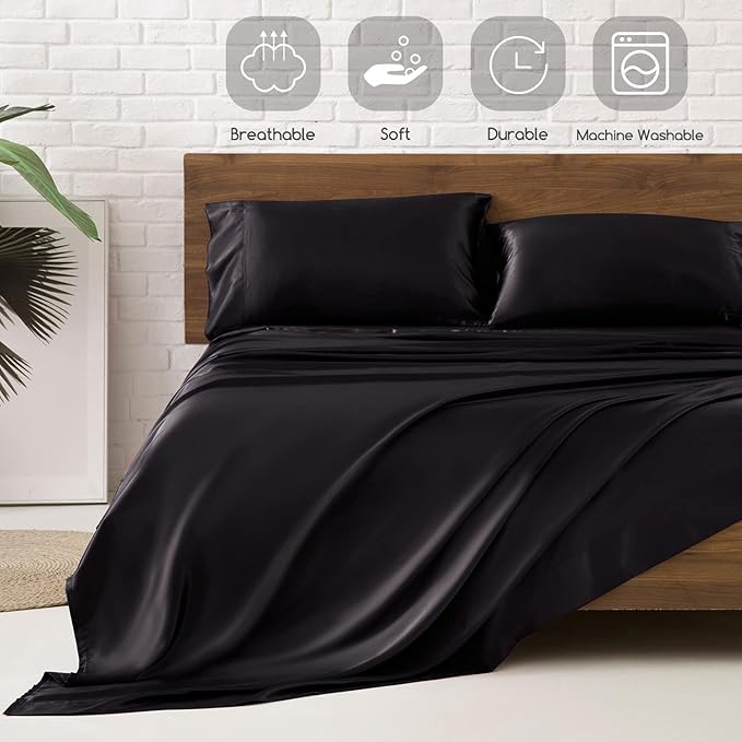 MRHM Satin Bed Sheets, Queen Size Sheets Set, 4 Pcs Silky Bedding Set with 15 Inches Deep Pocket for Mattress (Queen, Black)