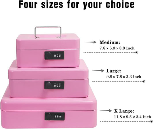 Secure Steel Cash Box with Combination Lock and Removable Tray – Metal Money Organizer for Home and Office Use (Pink - Large)