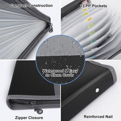 Magik 1-2 13-Pocket Accordion Document Organizer Expanding File Folder Sticky Label (1 Pack, Black)