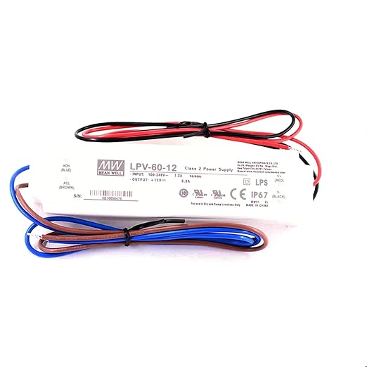 12V 60W Waterproof LED Driver & LPV-60-12 Power Adapter | IP67 Fanless Converter for LED Strips, CCTV, IoT Devices | 90-264VAC Input