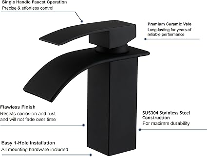 Bathroom Sink Faucet Black Waterfall Bathroom Faucet 1 Hole SUS304 Stainless Steel Faucet for Bathroom Sink Vanity Restroom Faucet Matte Black Single Hole Bathroom Faucet NO Lead, SF1-BK