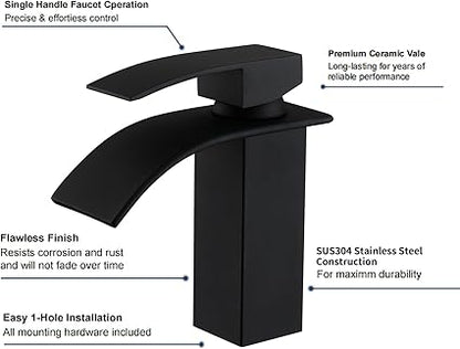 Bathroom Sink Faucet Black Waterfall Bathroom Faucet 1 Hole SUS304 Stainless Steel Faucet for Bathroom Sink Vanity Restroom Faucet Matte Black Single Hole Bathroom Faucet NO Lead, SF1-BK