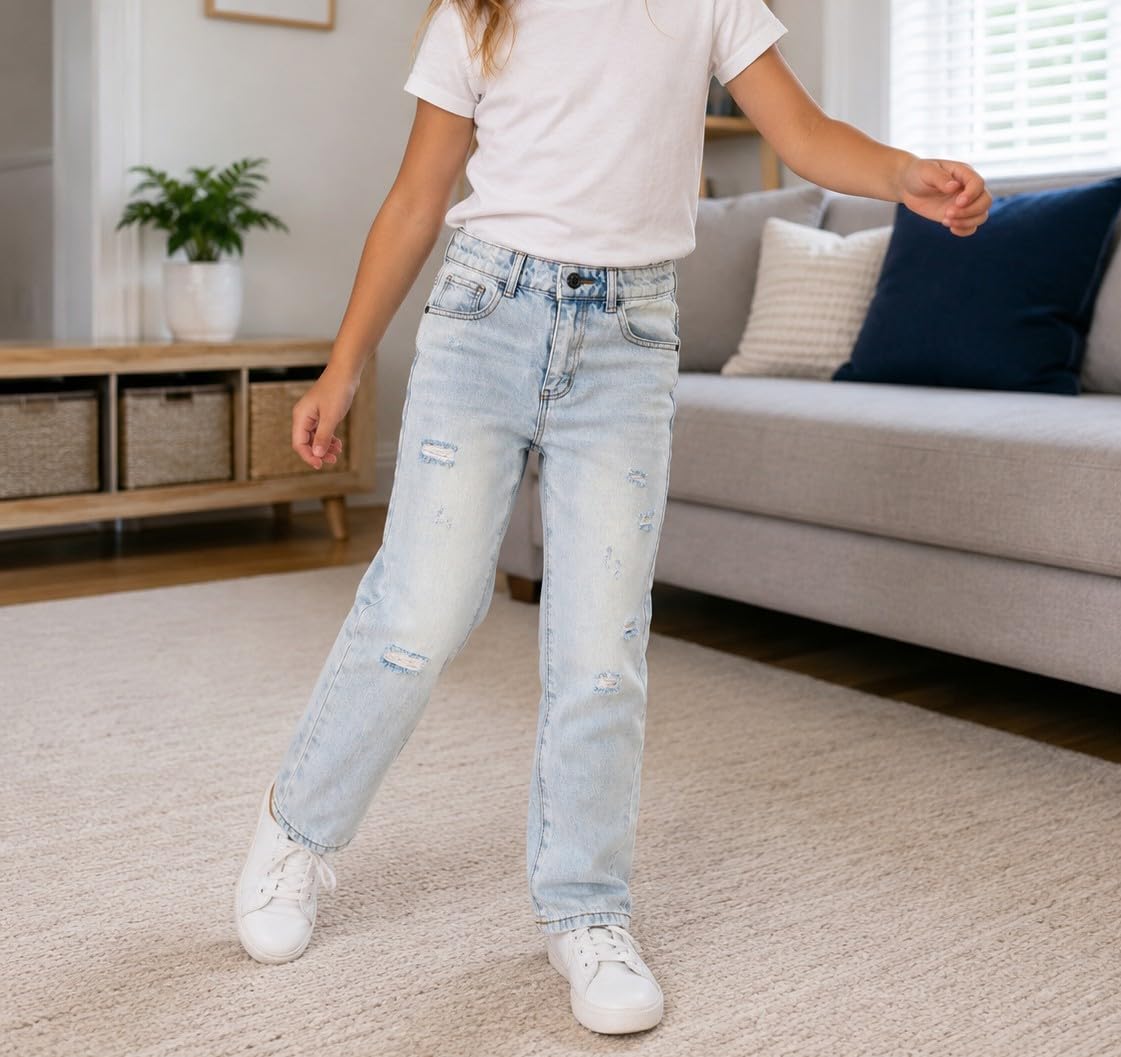 KIDSCOOL SPACE Girls Slim Jeans,Elastic Band Inside Ripped Fashion Soft Denim Pants