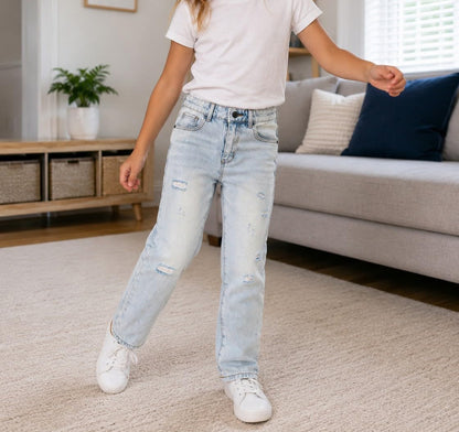 KIDSCOOL SPACE Girls Slim Jeans,Elastic Band Inside Ripped Fashion Soft Denim Pants